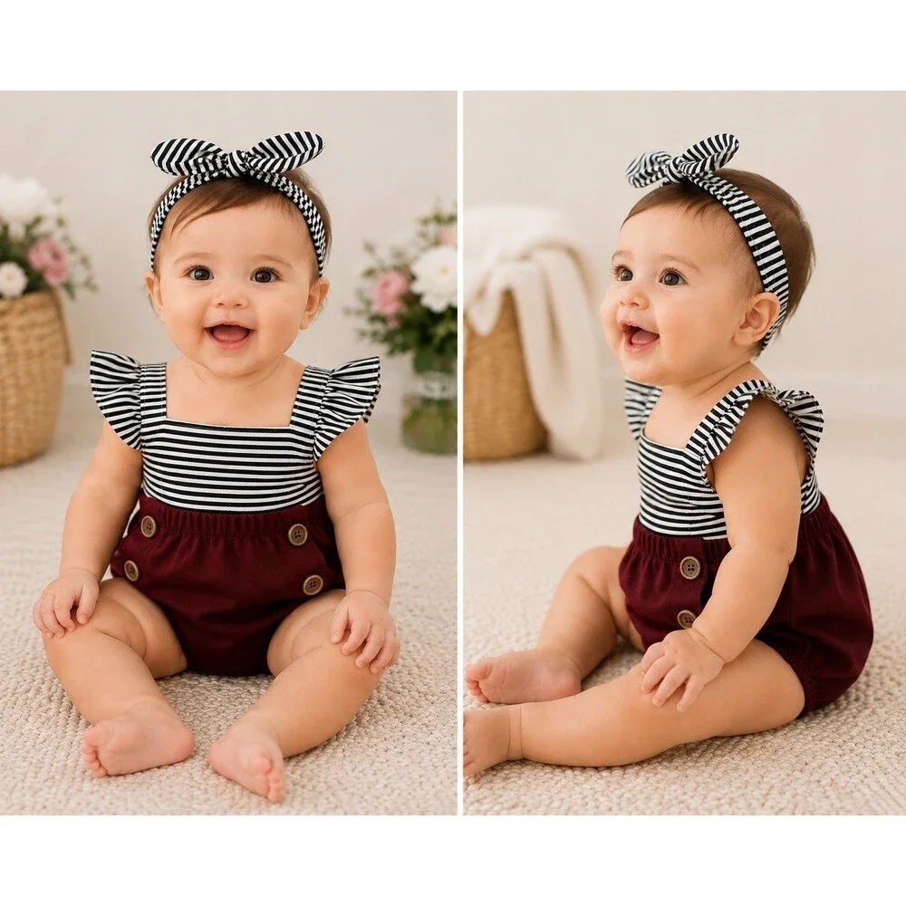 Toddler Baby Girl Boutique Romper Bodysuit Headband Outfit Set 9-12 Months NEW